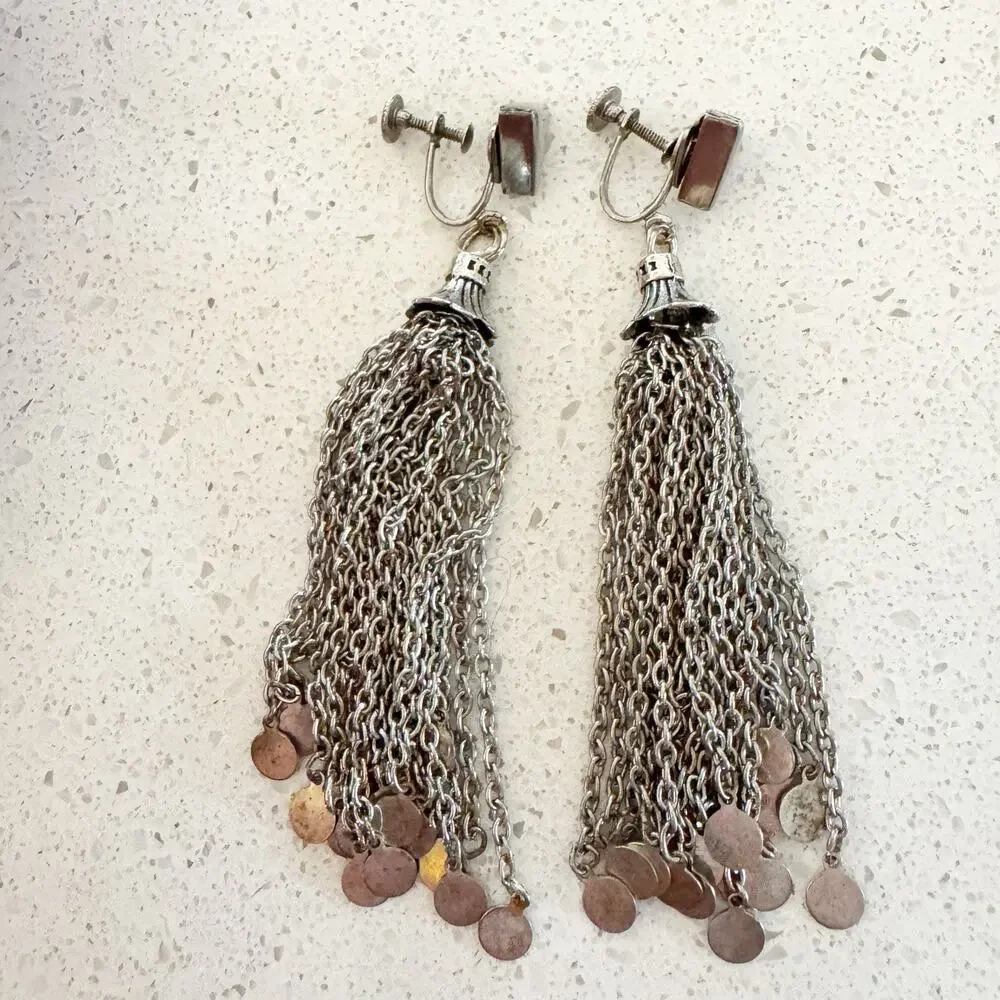Vintage‎ Silver Tone Chain Tassel Screw On Earrings